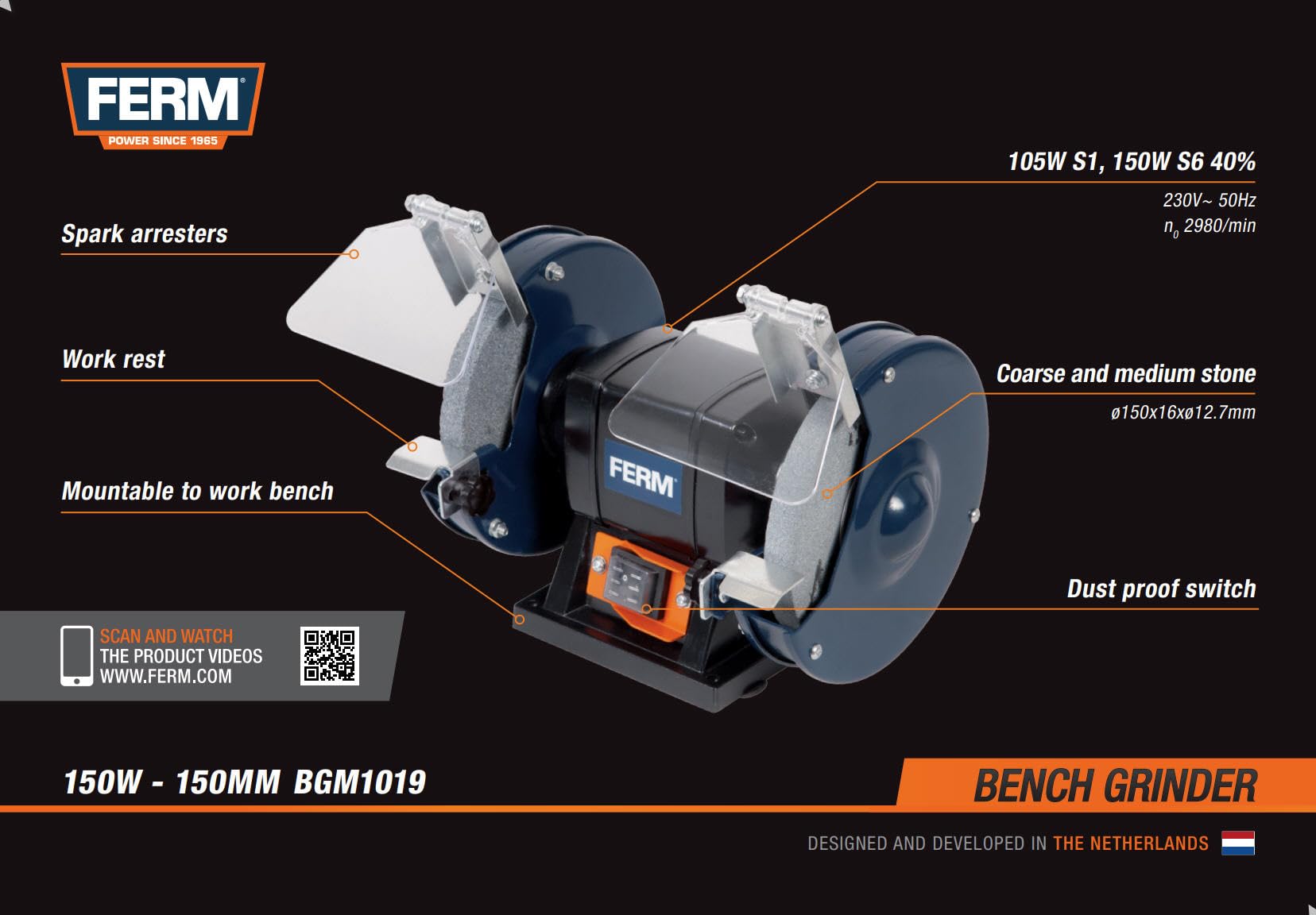 FERM Touret à meuler 150W 150mm - Incl. 2 pierres à aiguiser