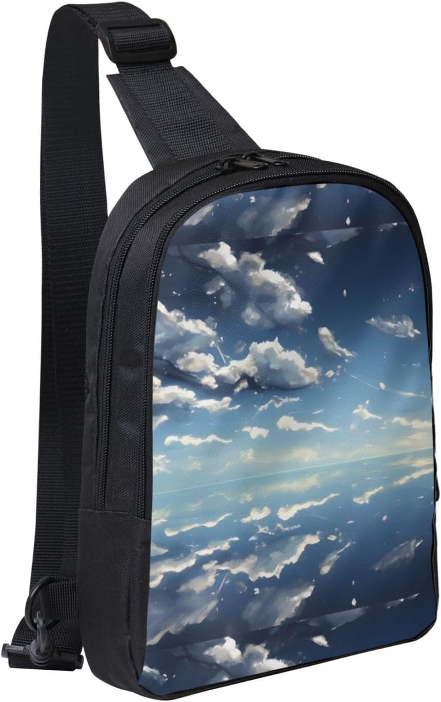 White Clouds Adjustable Strap Large Capacity Double Layer Crossbody Chest Bag 7.7x2.4x11.8in For Camping Travel Daily Leisure Activities