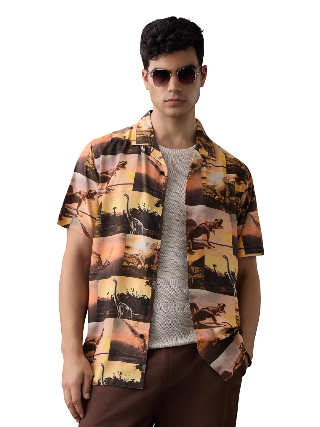 the souled store Jurassic Park: Dino Cards Men and Boys Short Sleeve Collared Neck Brown All Over Printed Rayon Holiday Shirt-picture-34