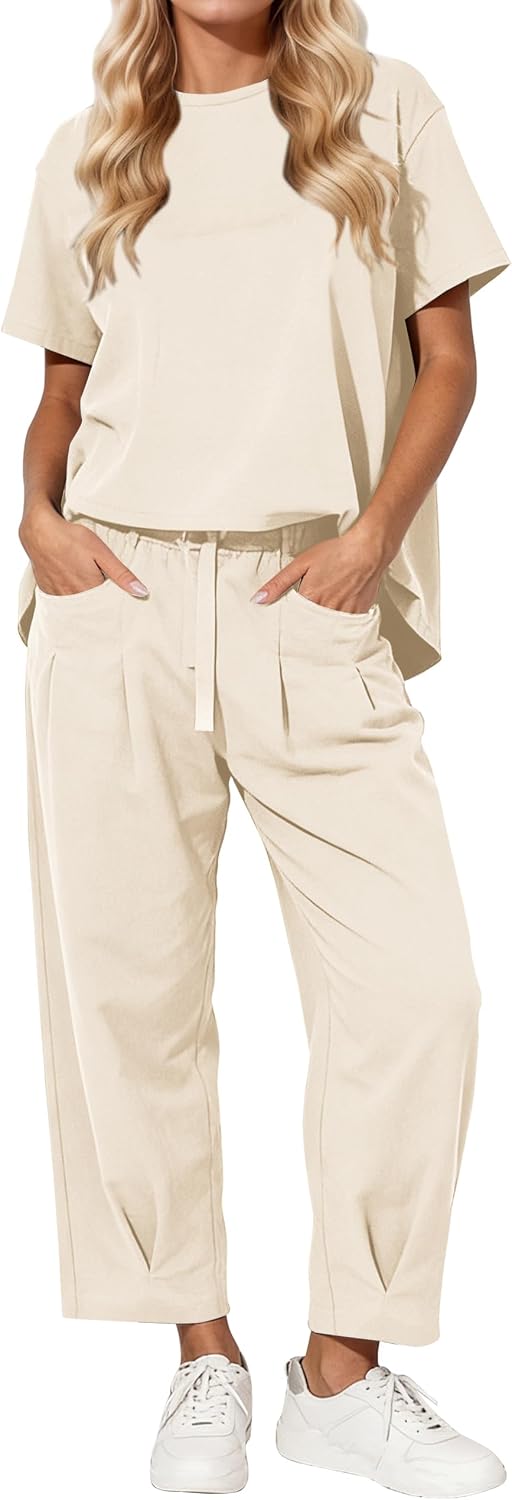 Women 2 Piece Set Casual Short Sleeve Lounge Set Barrel Wide Leg Pants Matching Travel Outfits