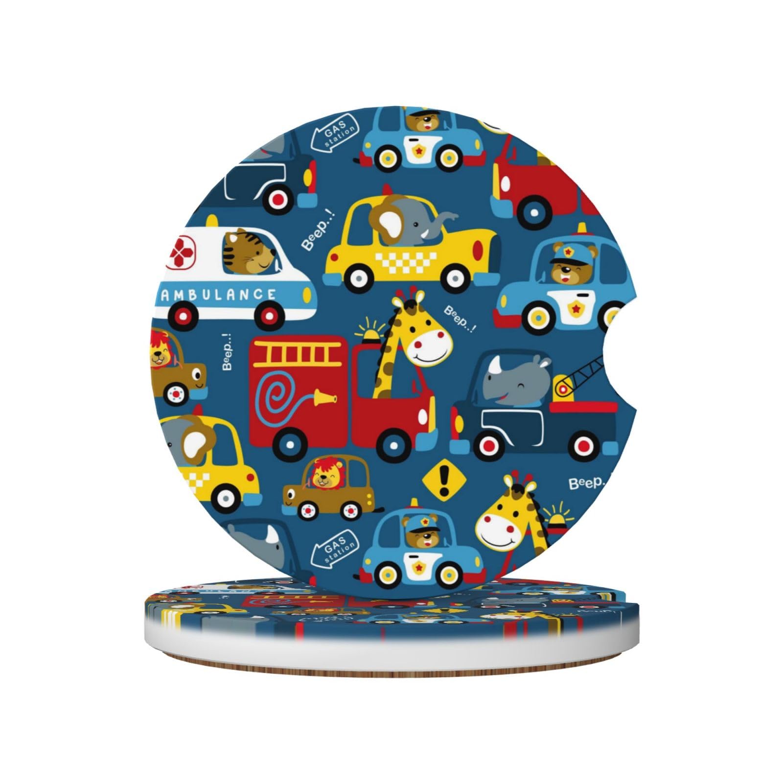 Xiso Ver Vehicles Cartoon with Animal Drivers Car Cup Coasters 2 Pack Ceramic Cup Holders 2.56" Cork Base Drink Coasters with Finger Notch for Easy Move of Car Cup Holder