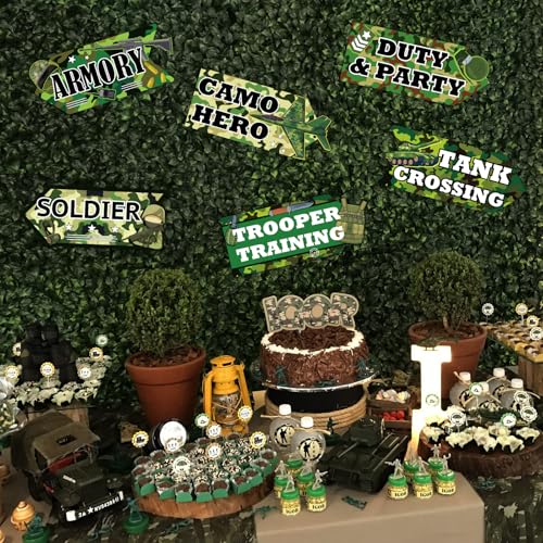 Image of Hooqict 20 Pieces Camo Party Signs Army Birthday Party Decorations Camouflage Military Birthday Party Supplies for Boys Men Army Themed Directional Sign