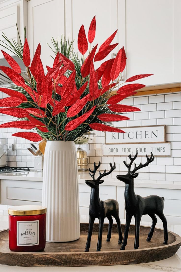 DILATATA 33.5 Red Leaves for Christmas Tree, Glitter Christmas Leaf Stems, Non-Shedding Shiny Sequin Fabric Christmas Picks for Wreath, Centerpiece Decor