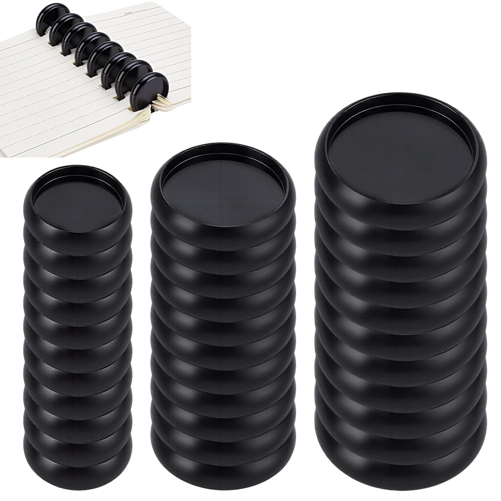 BENECREAT Lot de 33 disques de reliure en alliage noir de 4,6/5,9/2,8 cm avec boîte de rangement transparente pour disques d'extension en métal et reliure de planificateur