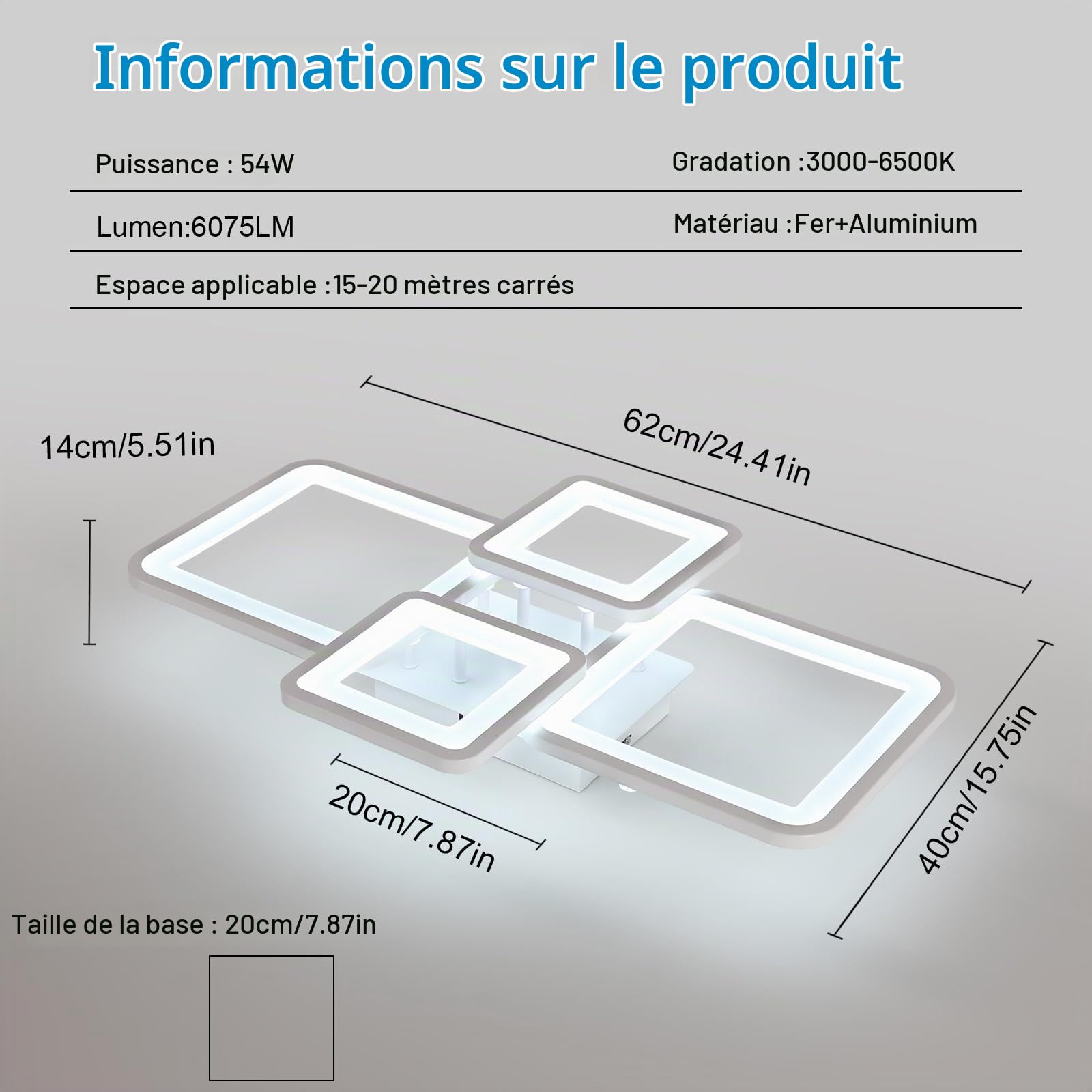54W Plafonnier LED Dimmable avec Télécommande/APP 3000K-6500K 62CM