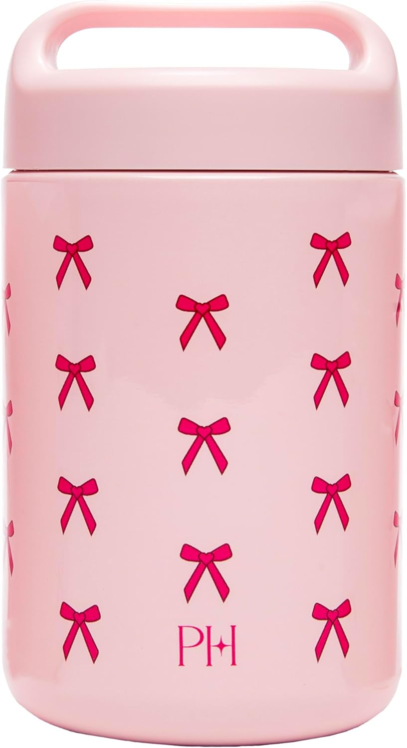 Paris Hilton Stainless Steel Food Jar, Double Wall Vacuum Sealed Insulated Food Storage Container with Carry Handle Lid, 16-Ounce, Pink with Bow Design