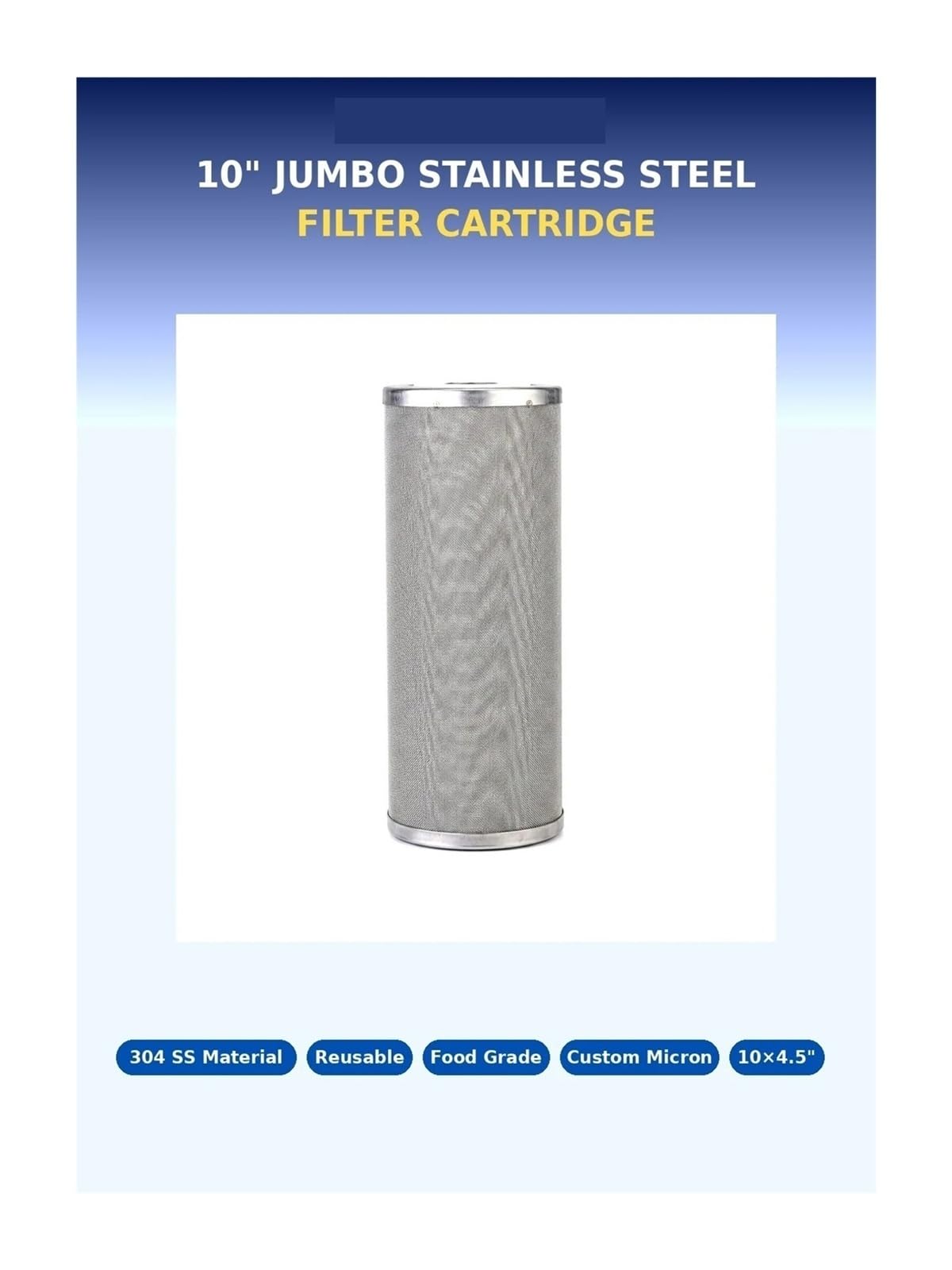 Cartucho De Filtro De Sedimentos Universal De Acero Inoxidable | Elemento de prefiltro de agua azul grande reutilizable lavable de malla Jumbo 304 de 10 "X 4,5"(10inch Jumbo 5um)