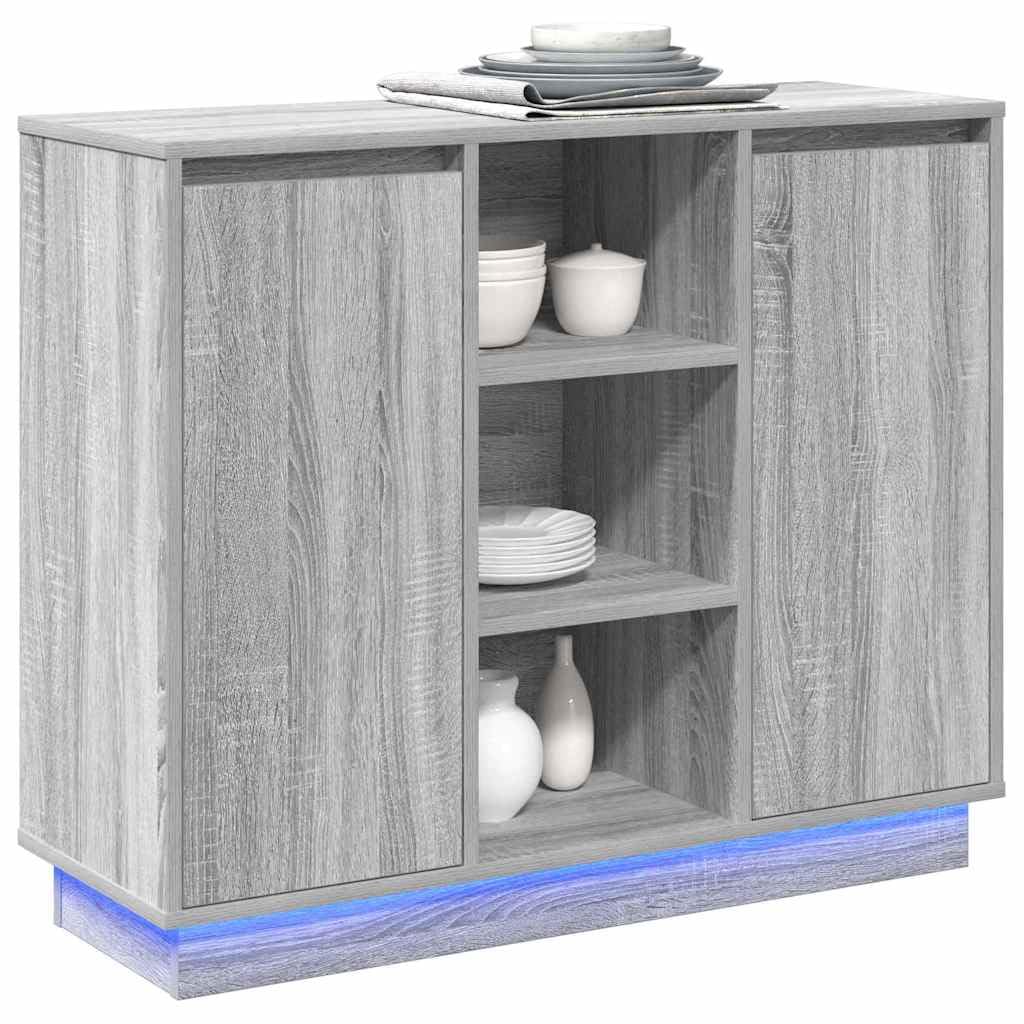 Szafka LED Sonoma szara, 90 x 32 x 75 cm, komoda z drzwiami i półkami, do salonu, jadalni, kuchni, korytarza, z miejscem do przechowywania