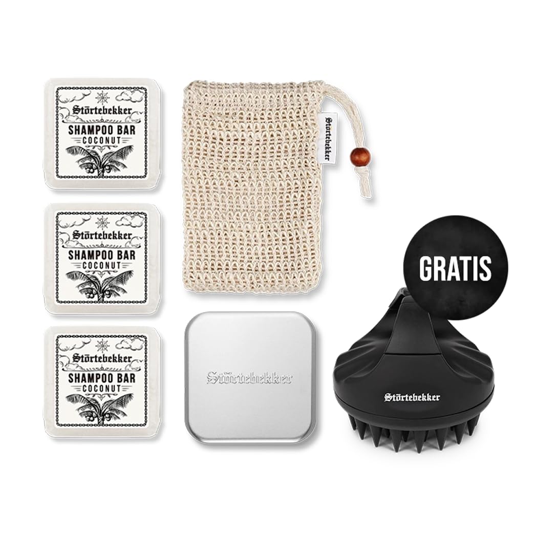Störtebekker Premium - Set doccia – Shampoo solido in legno di sandalo (x3), sacchetto in sisal, portasapone in alluminio + spazzola per capelli e cuoio capelluto, realizzato a mano (cocco)