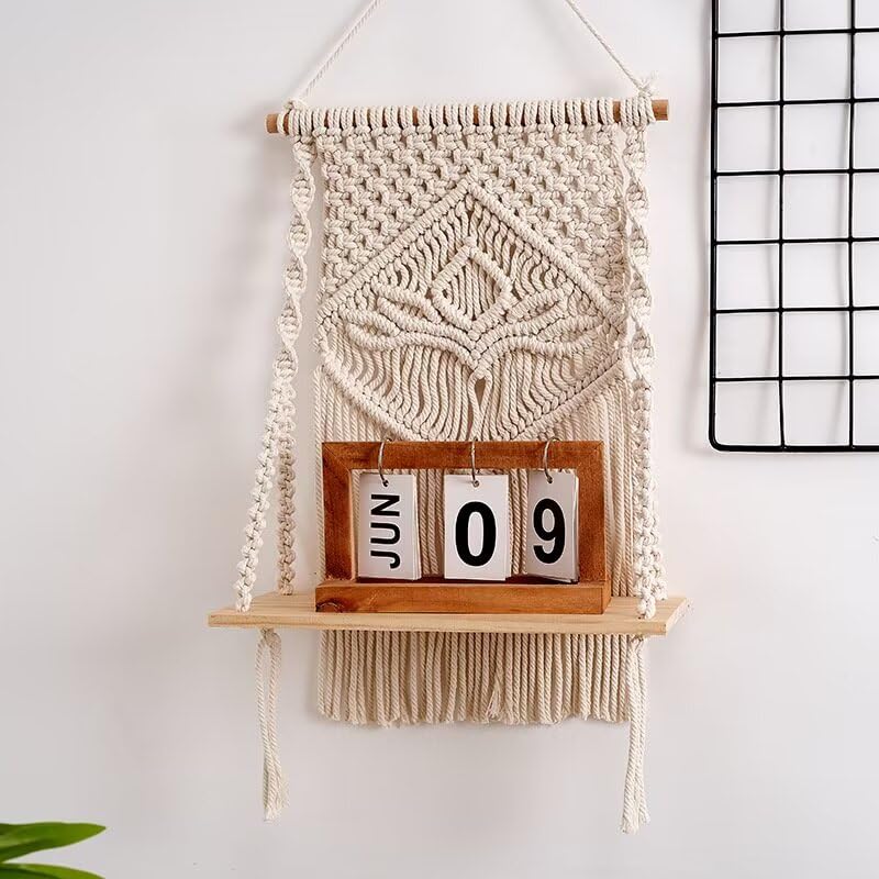 SlenyuBridal 1 Tier Macrame Wall Hanging Shelf with Woven Rope - Boho Pine Wood Shelves for Plants, Bathroom, Kitchen