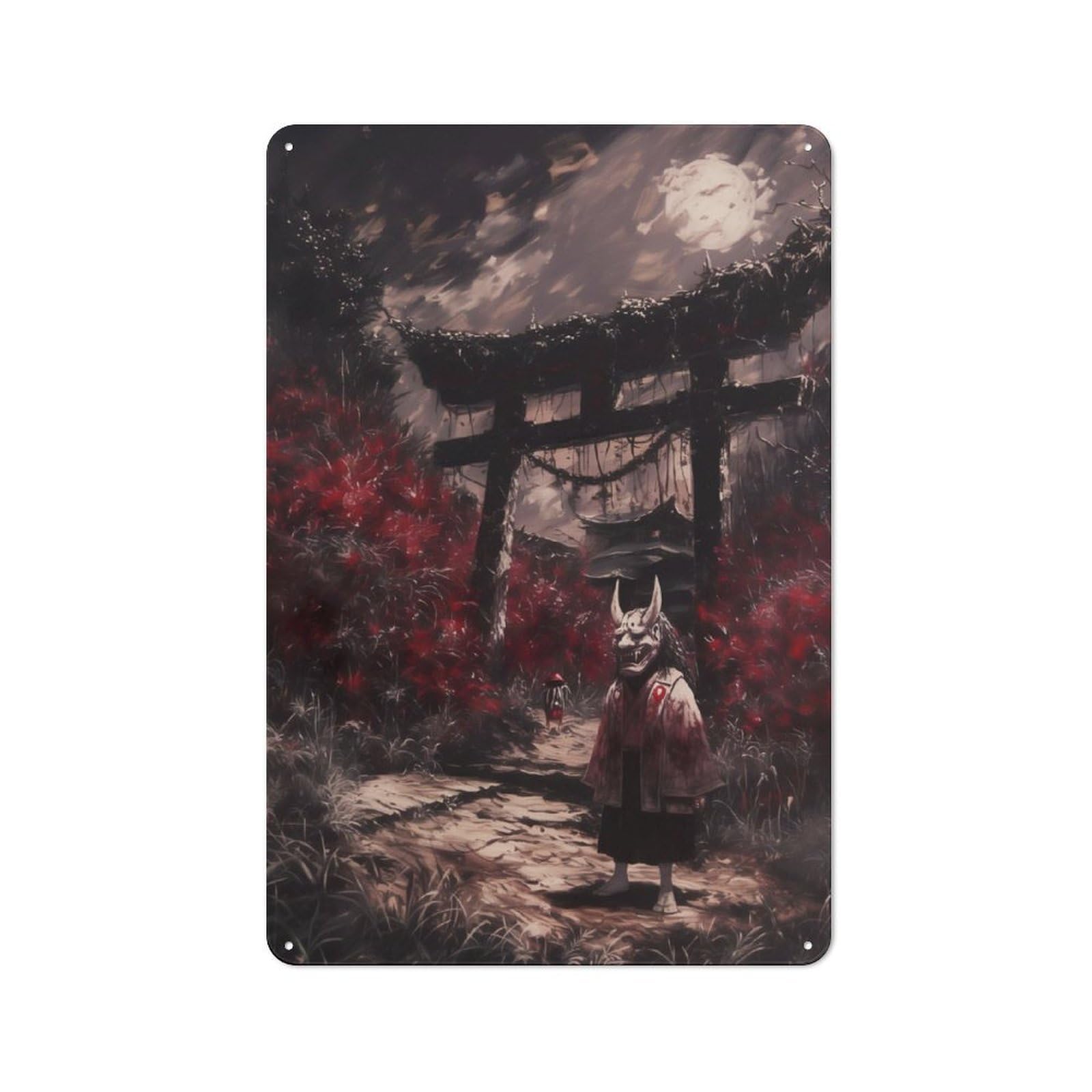 Junmoney Oni Mask Torii Gate Retro Tin Sign 30X20cm For Garage Or Workshop, For Furnishing A New Garage And Workshop With Retro Decor