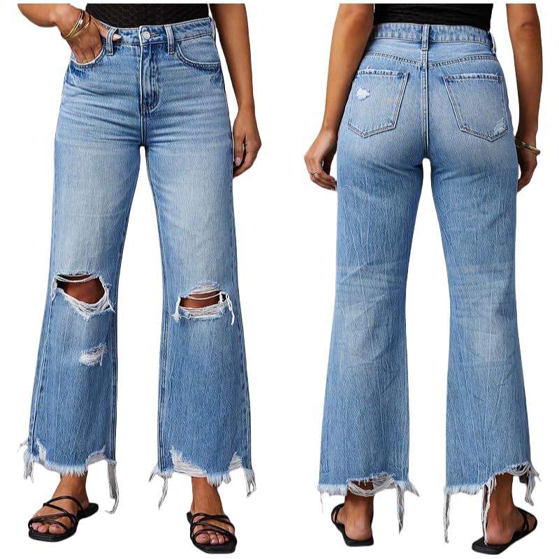 Women's Ripped Flared Jeans High Waisted Distressed Hem with Frayed Edges Boyfriend Wide Leg Denim Pants4