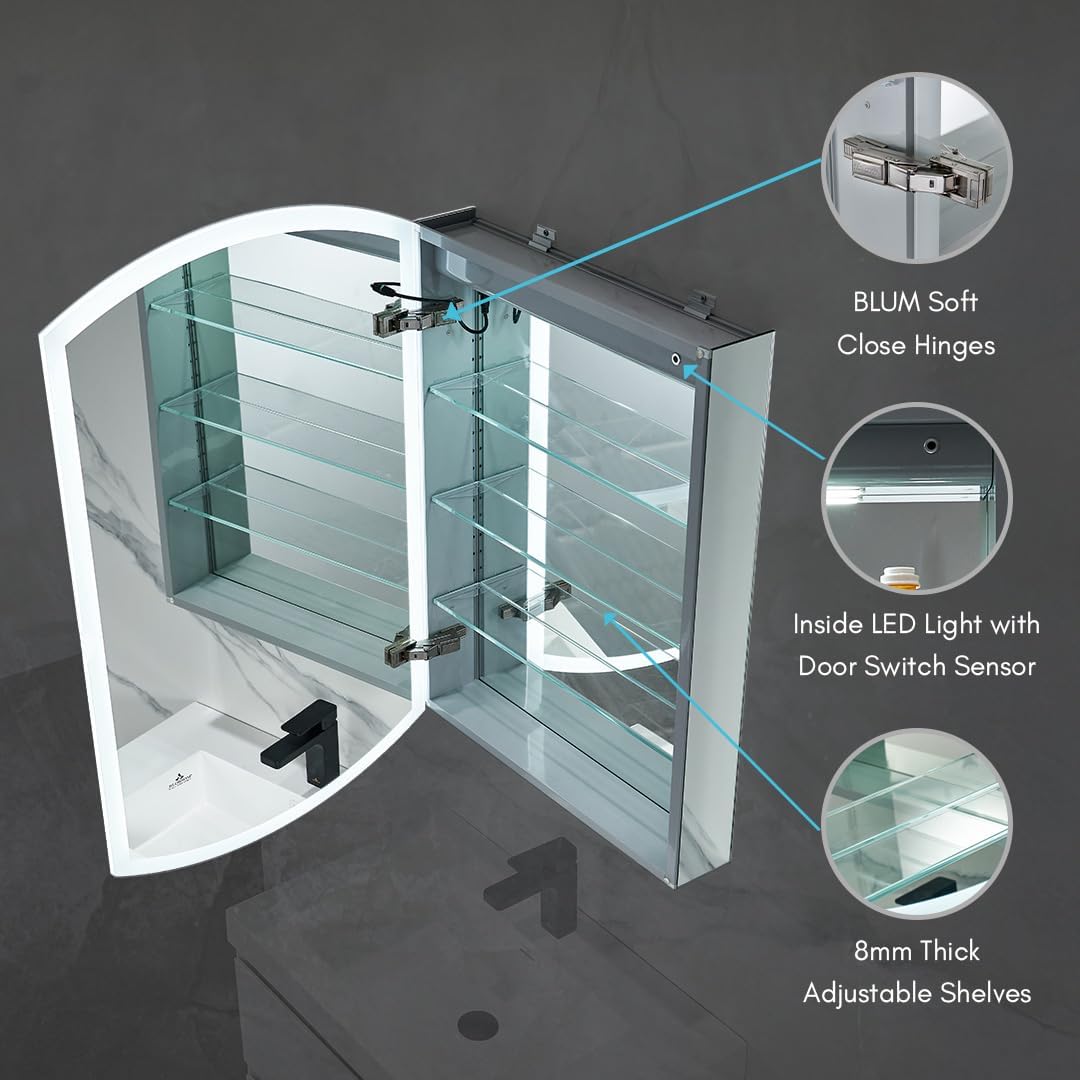 Blossom 24x38 LED Medicine Cabinet Mirror for Bathroom, Left Hinge Recessed/Surface Lighted Medicine Cabinet with Mirror, Anti-Fog, Adjustable Brightness, Makeup Mirror, Wall Mounted Storage