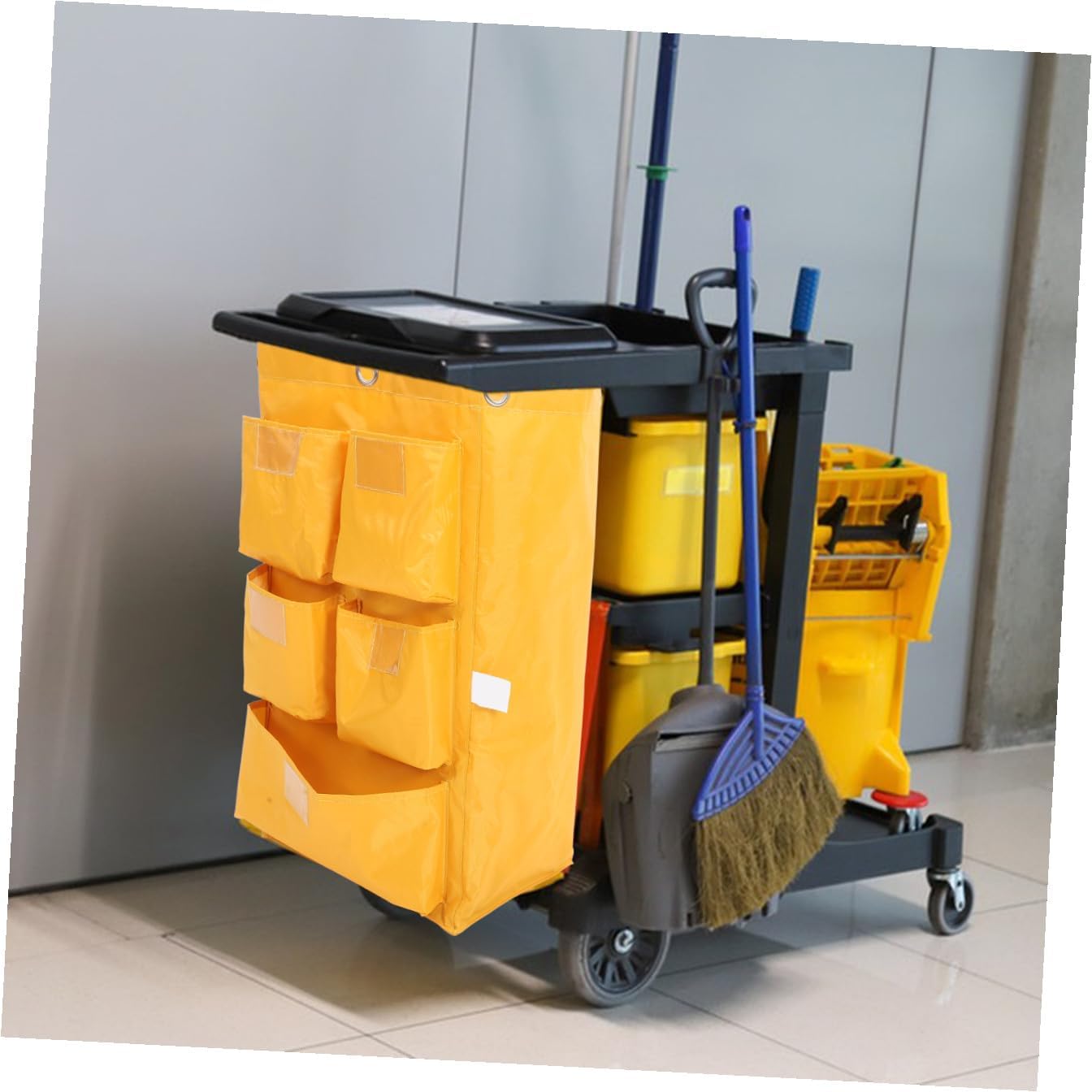 Waterproof Janitorial Bag with 5 Pockets Heavy-Duty Canvas Cleaning Trolley Storage Bag for Housekeeping Carts for Commercial Cleaning Supplies
