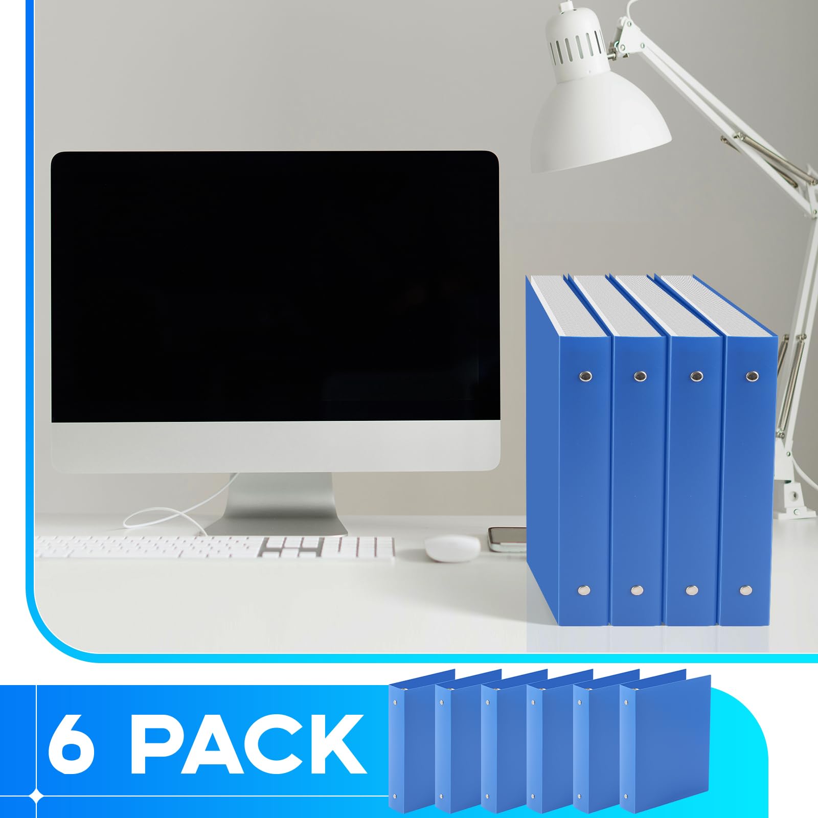 Henoyso 6 mini raccoglitori a 3 anelli da 3,8 cm, adatti per carta da 14 x 21,6 cm, contiene (capacità 280 fogli), in plastica flessibile, tre anelli rotondi piccoli blu A5 per scuola, ufficio, album