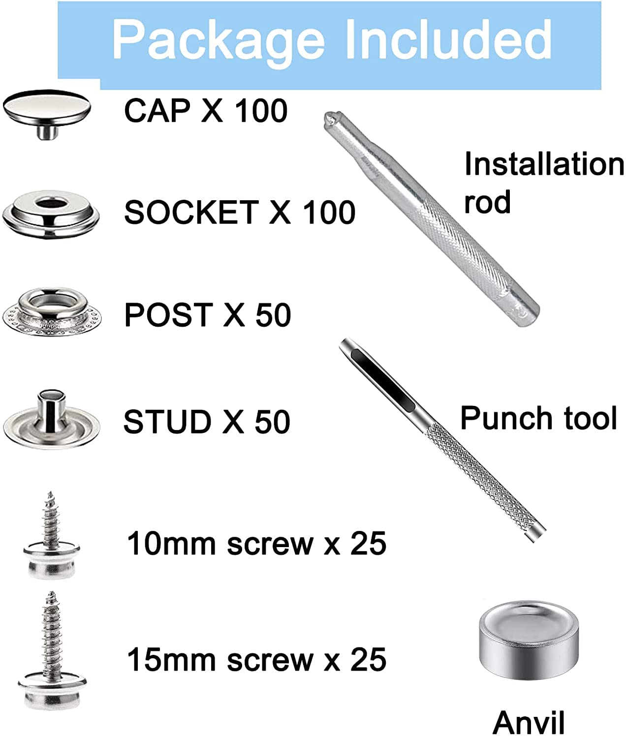BetterJonny Kit De 350 Boutons-pression En Acier Inoxydable Pour Tissus D' Ameublement, Bateau, Fermeture à Bouton-pression Avec 3 Outils De Réglage, Perforatrice Pour Bricolage En Cuir