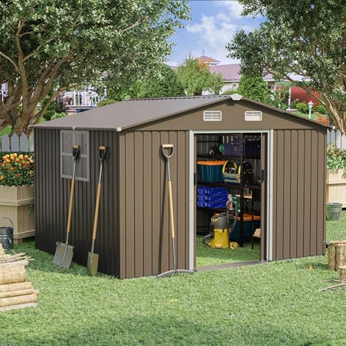 RTDTD 10FT x 8FT Outdoor Storage Shed,Waterproof Lockable Door Metal Tool Shed with Sliding Door and Air Vents,Storage House for Gardening Tools,Metal Storage Shed for Garden,Backyard,Lawn