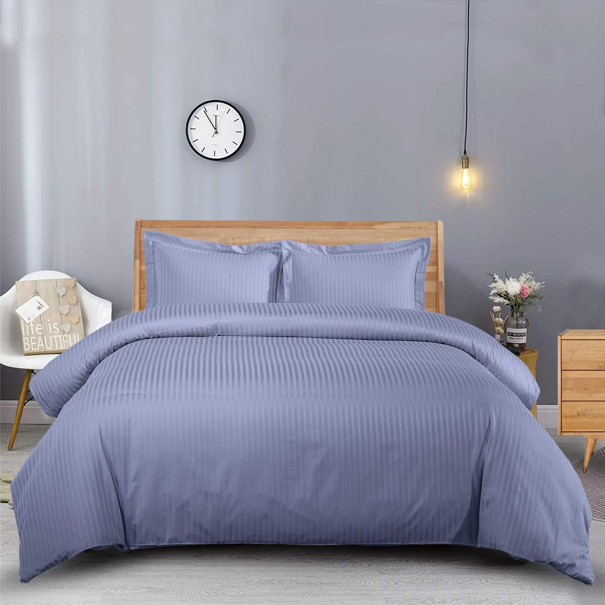 sheetsnthings Damask Striped 600-Thread-Count, 100-Percent Cotton 3PC King-California King Duvet Cover Set with Buttons Enclosure, Periwinkle
