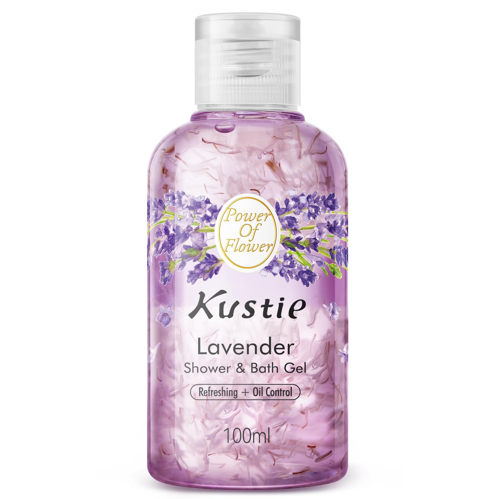Kustie Lavender Petal Travel Size Body Wash – Visible Provence Petals with Tea Tree Oil | Oil-Control & Pore-Clearing Cleanser for Balanced Skin |