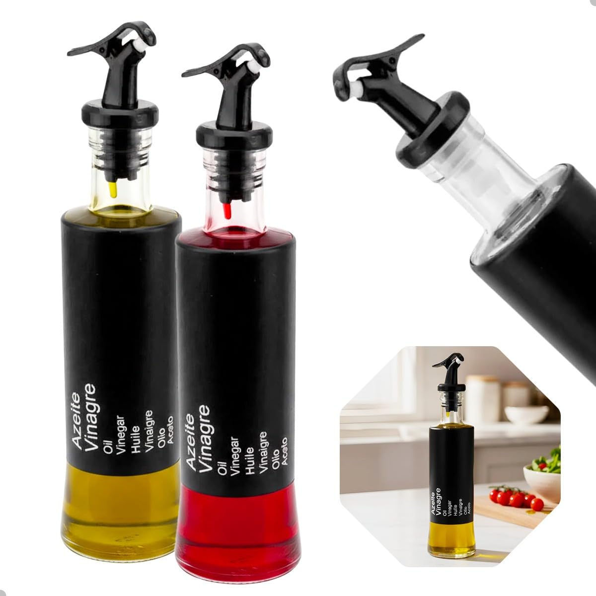 CONJUNTO GALHETEIRO BLACK 2 PCS: 2 PORTA AZEITE VINAGRE VIDRO BLACK INOX C/BICO DOSADOR