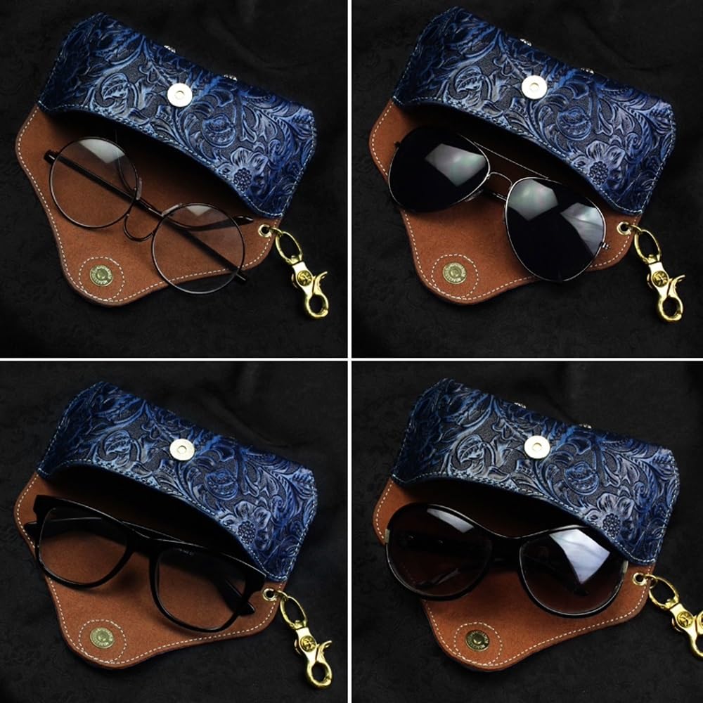 Przenośne skórzane etui na okulary, retro etui na okulary przeciwsłoneczne odporne na ściskanie wąskie etui dla kobiet mężczyzn poziome etui na okulary (Grey : Blue, Size : S)