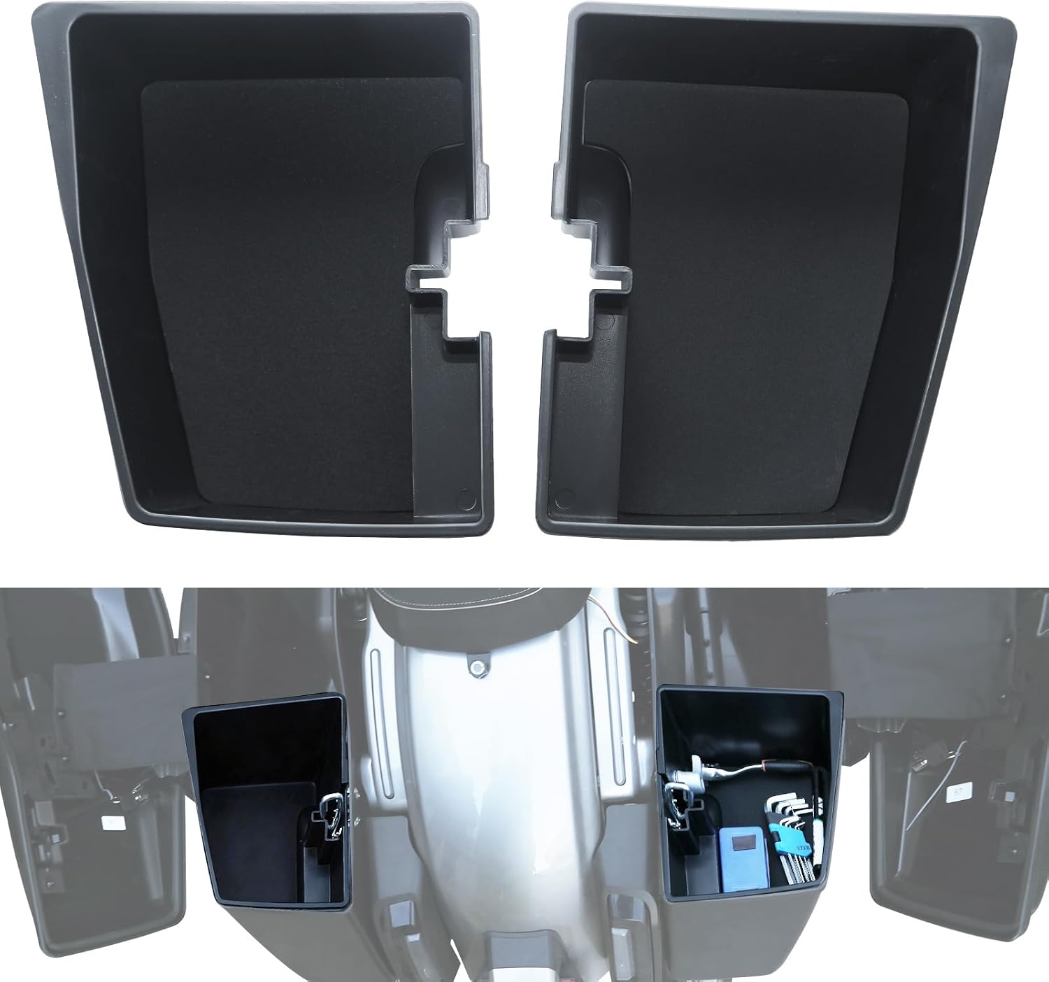 2pcs Rear Saddlebag Tray Organizer Box with Liner, Motorcycle Saddle bag Tray Organizer Tray Top Shelf Storage Box for Harley Touring Road Glide Street Glide 2024-2026 Accessories, Left +Right