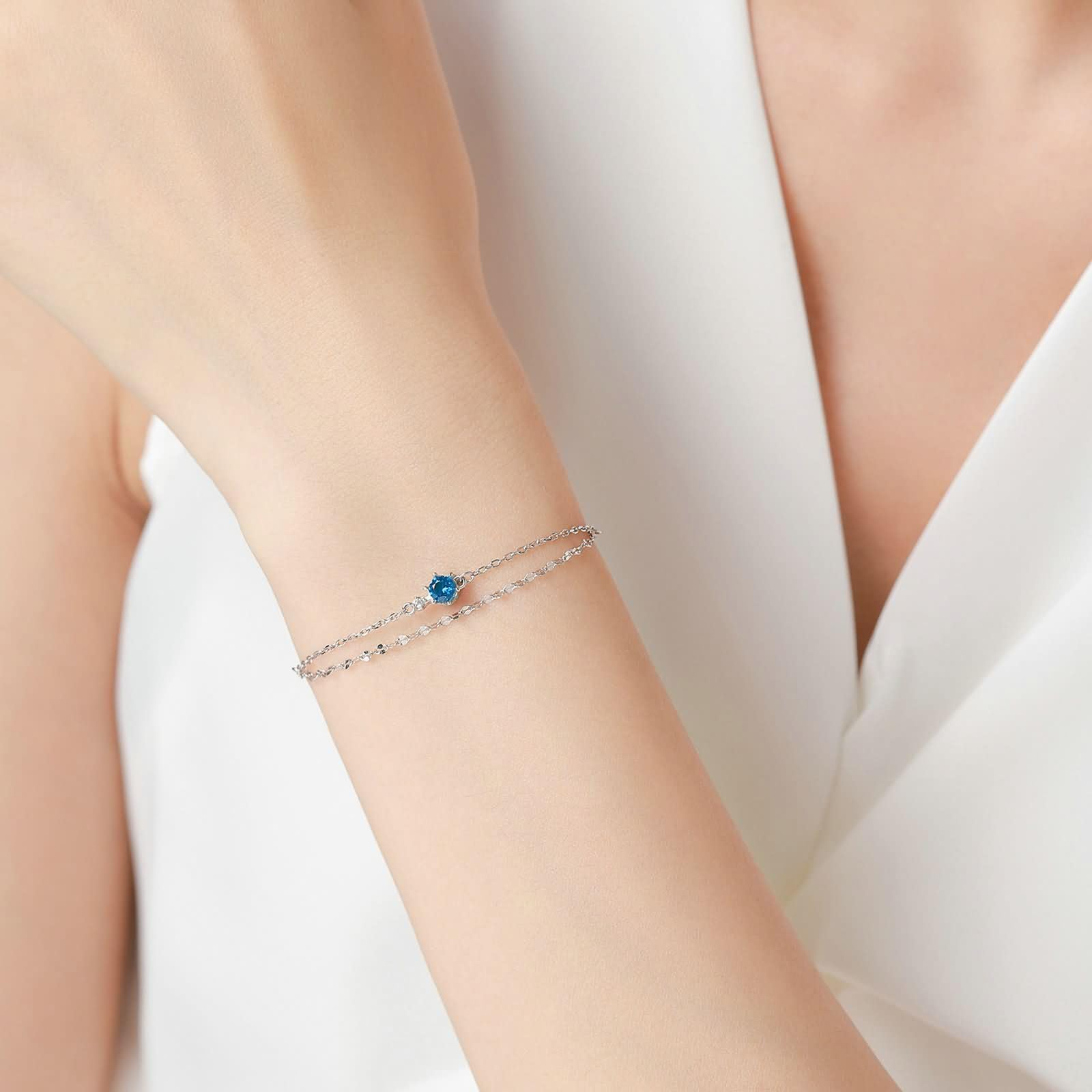 Pulseras Oro Blanco 9K / 14K / 18K Mujer, Cadena Doble Capa con Topacio y Moissanita, Cadena Extensible 16 CM + 5 CM, Pulsera de Mujer Plata Azul