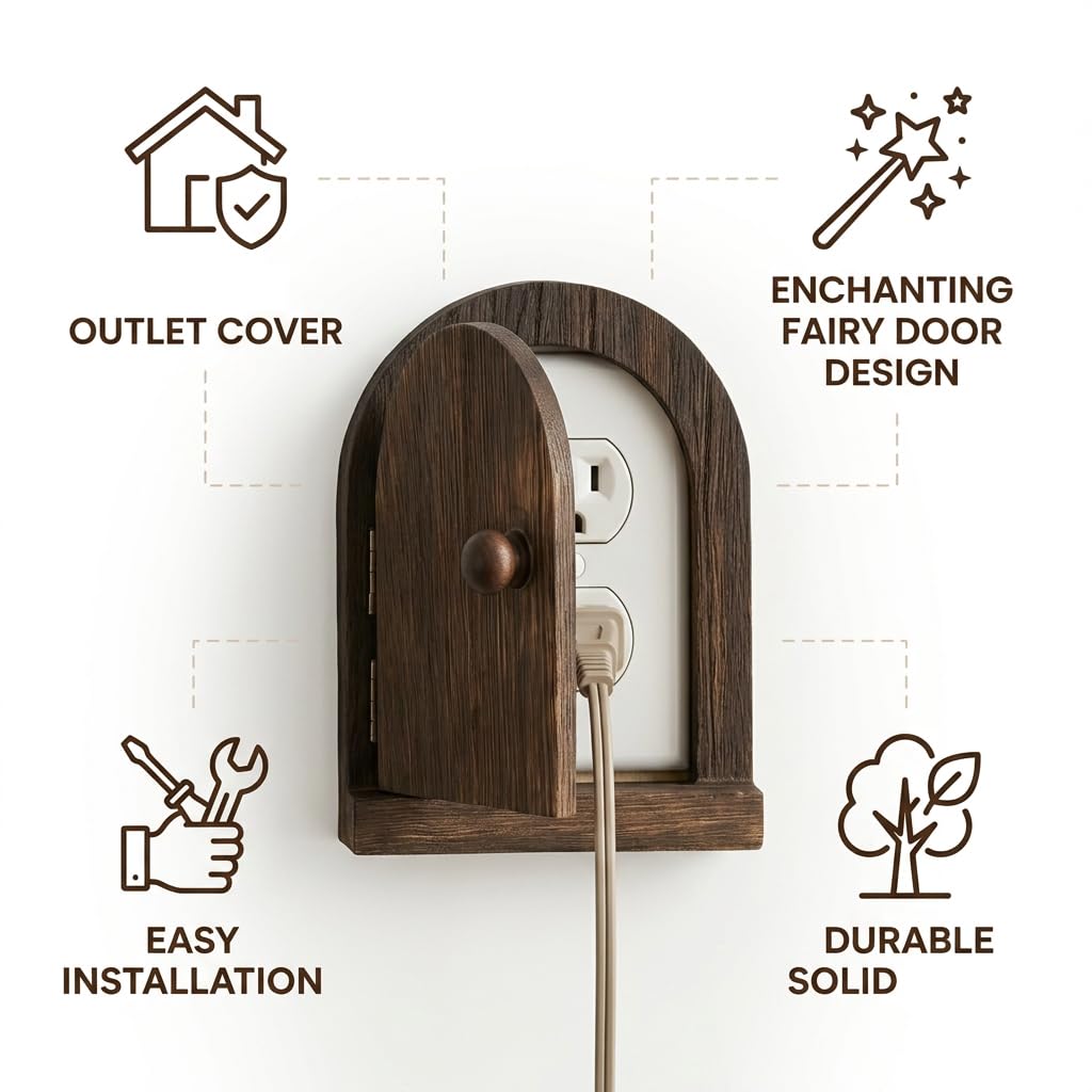 Fairy Door Outlet Cover, Fairy Door for Wall, Decorative Fairy Door for Wall to Hide Outlet, Brown Outlet Covers with Handcrafted Design for Home Decor