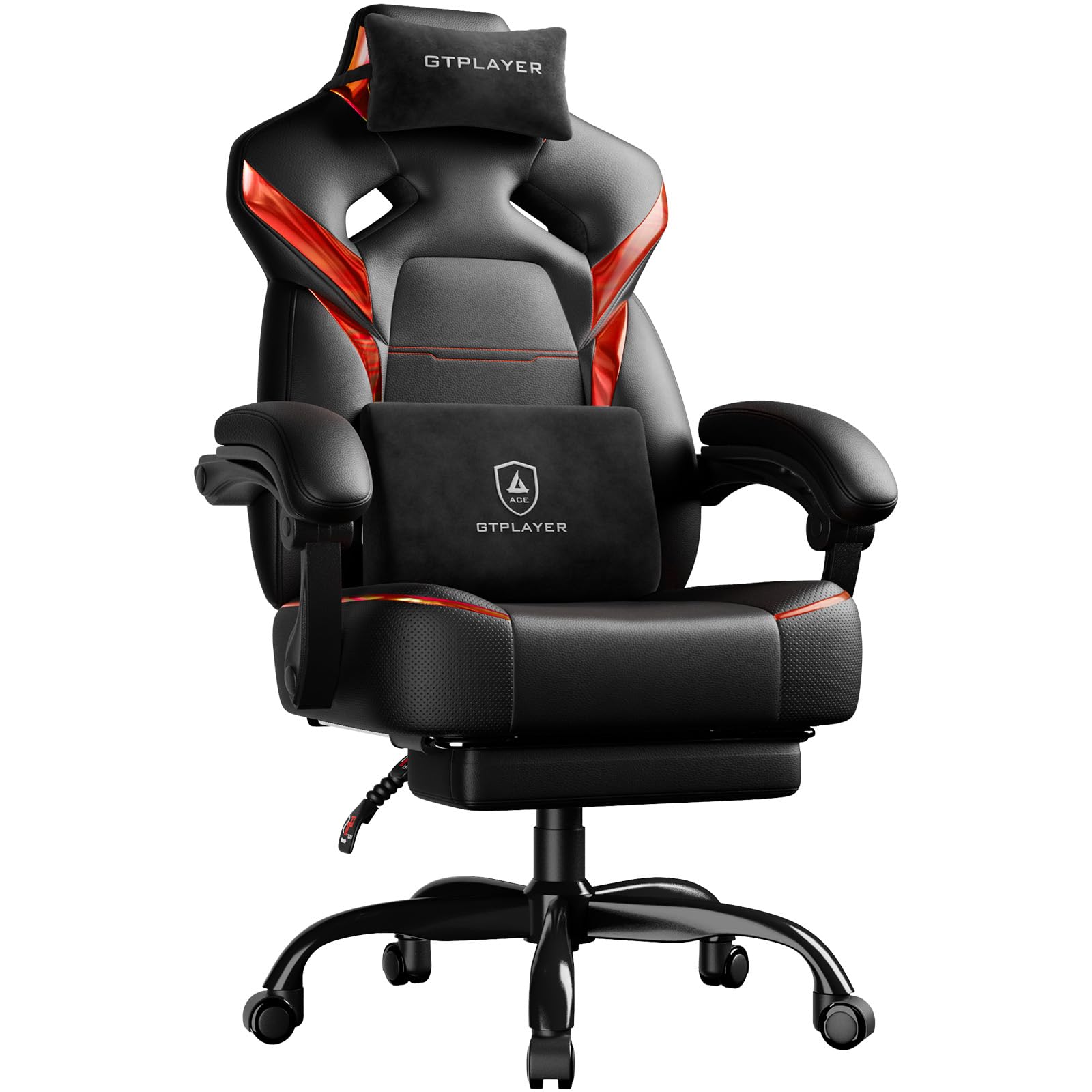 GTPLAYER Chaise Gaming avec Repose-Pieds, réglable en Hauteur, accoudoirs réglables, Repose-Pieds intégré, Fauteuil Gaming pour jusqu'à 200 kg, pivotant à 360°, Rouge.