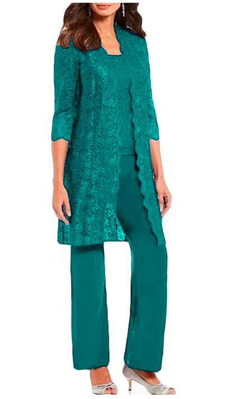 Botong Women's Peacock 3 Pc Mother Of The Bride Pants Suit For Wedding Long Lace Jacket Chiffon Outfits For Prom Evening Uk14