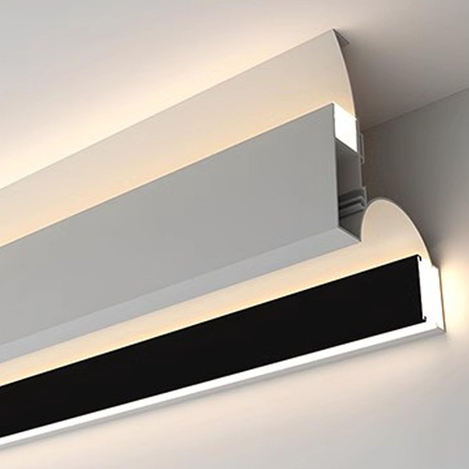 Moldura de cornisa LED para techos, tira de iluminación indirecta de aluminio negro, 6,5 m / 21.3ft, luz de cala Detive con doble canal de luz y velo e acento