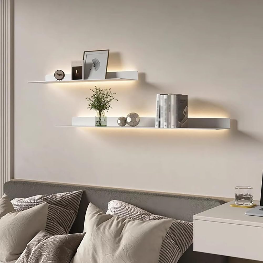 Juego De 2 Estantes Flotantes con Luces LED, Estante De Pared para Exhibición Colgante, Estantes Emisores De Luz Montados En La Pared De Metal,White 120cm
