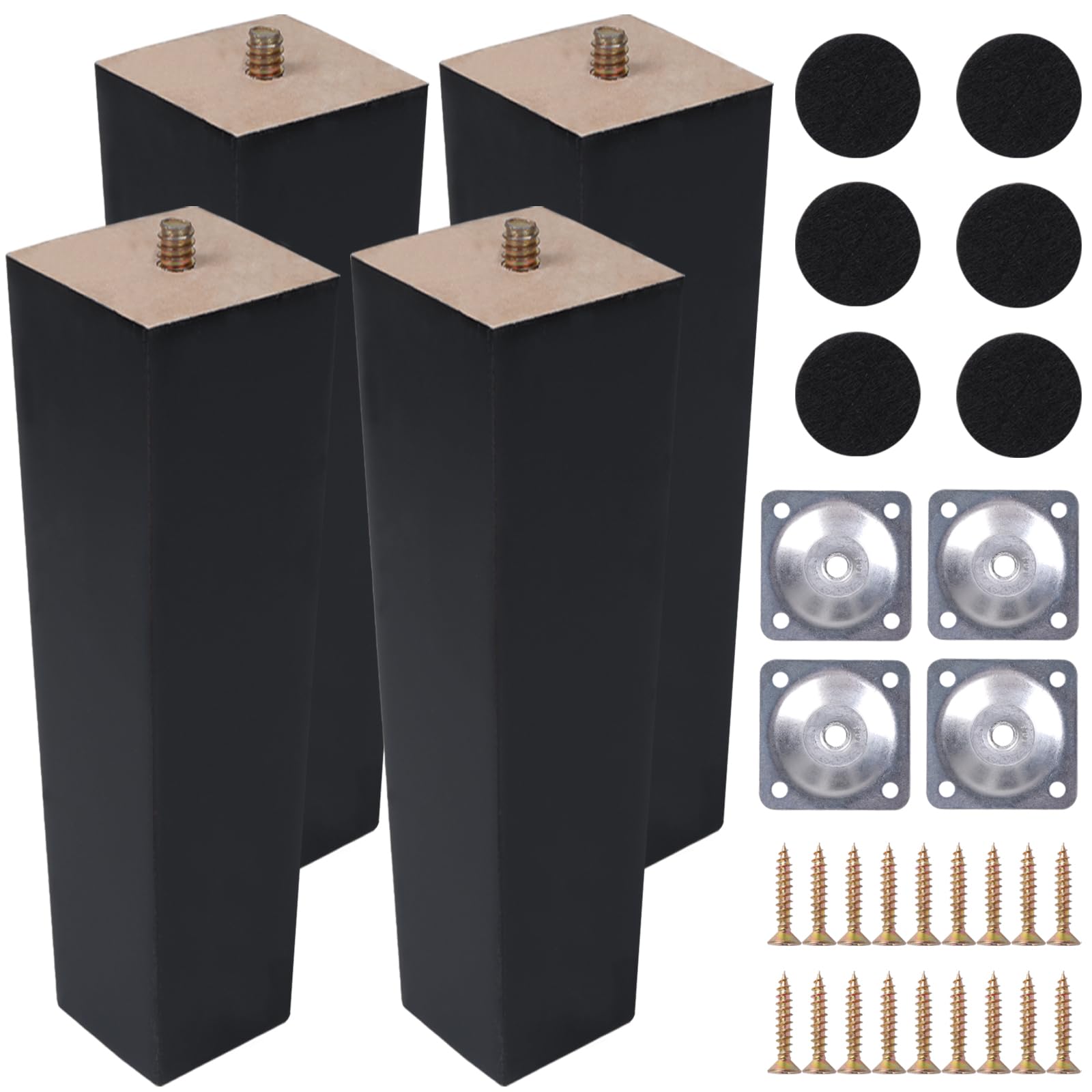 4 Pezzi Piedini per Mobili in Legno 30cm Nero Quadrate Gambe per Mobili con Piastra di Montaggio Viti Pad Antiscivolo Piedini di Ricambio per Armadio Divano Letto Mobile TV