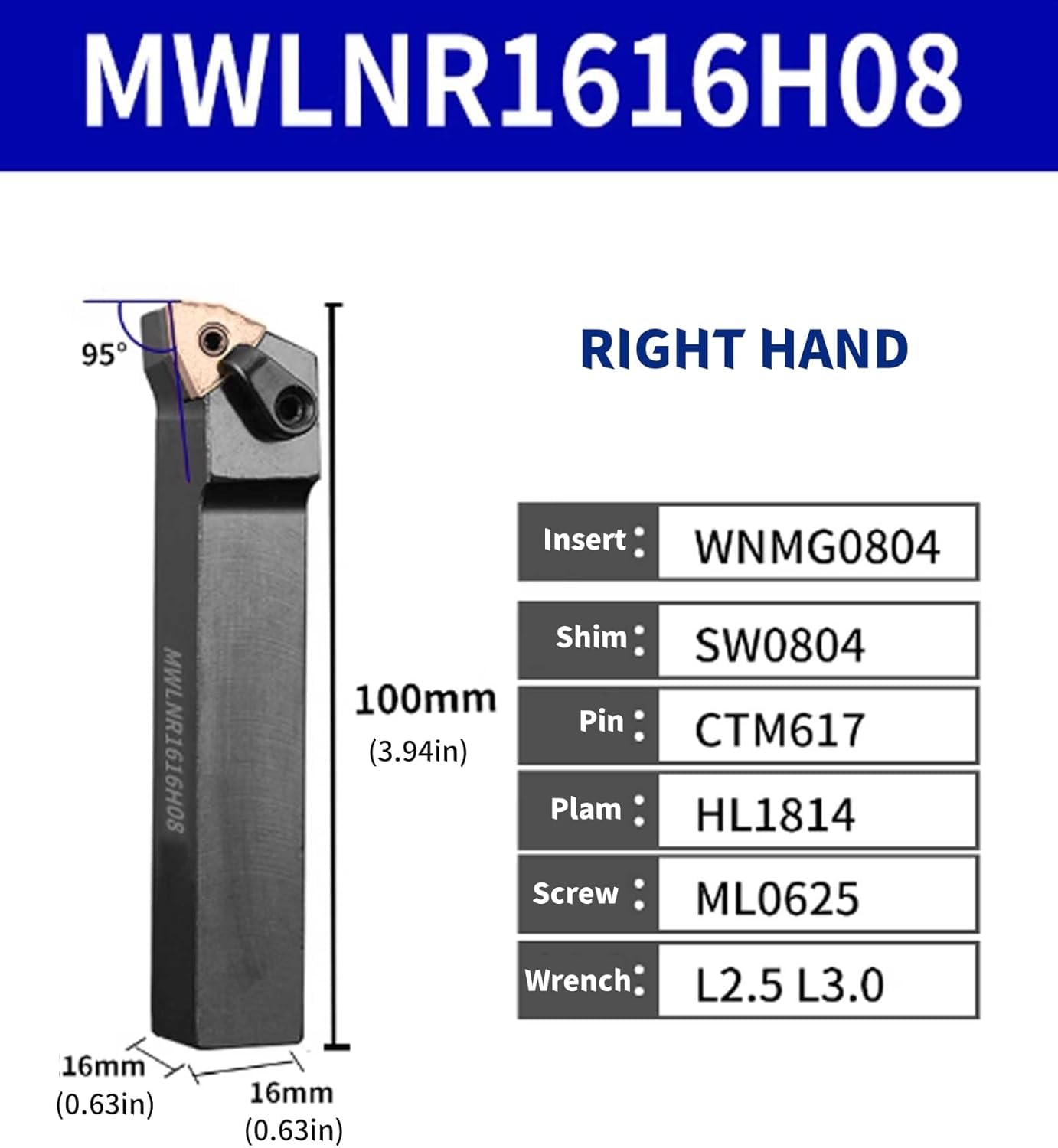 16 mm MWLNR1616H08 Indexierbarer Hartmetalldrehwerkzeugeinsatz-Halter mit 10 Stück WNMG080408-MA WNMG432 Indexierbare Hartmetalldreh-Einsatz-Schneideklinge