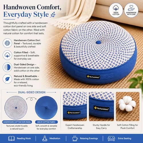 Image of Reversible 60x60x10 cm Woven Quilted Blue Floor Cushion with Cotton Filler for Seating, Patio Seat, Meditation, Yoga, Pooja, Guests, Living Room, Bedroom, Large Size 24x24x4 Inch