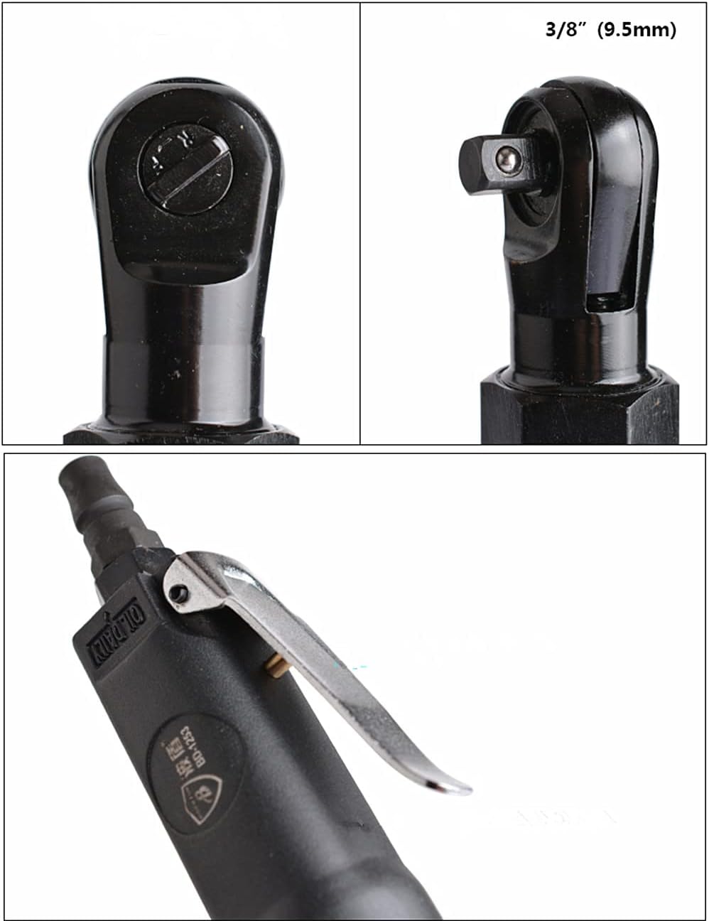 3/8 Drive Air Ratchet Wrench Pneumatic Ratchet Wrench Powered Ratchet Impact Socket Wrench Right Angle Air Trigger Wrench (Black)