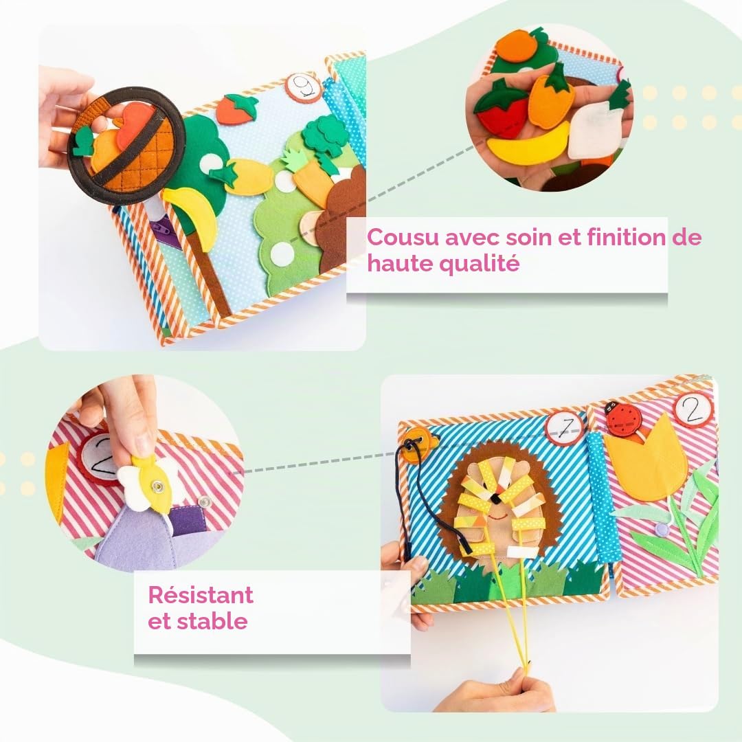 Jolly Designs 1, 2, 3 - 10 pages Premium - Quiet Book - Jouet Montessori à partir de 3 ans - Favorise la motricité et les capteurs - Livre de feutre fait à la main - Jouet éducatif pour les