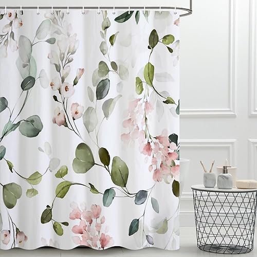 Miniatura 10 de Cortina de ducha con diseño de eucalipto azul acuarela, juego de cortina de ducha pequeña para caravana, impermeable, decoración de baño floral de