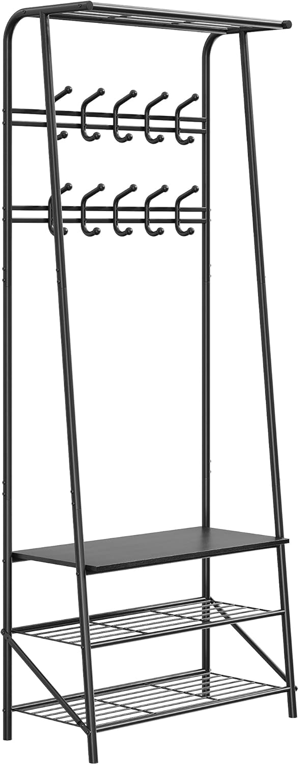 4-in-1 Entryway Organizer with 10 Double Row Hooks, Coat Rack and Shoe Storage Bench, Sturdy Metal Frame, Space-Saving Design for Living Room or Foyer, Black, 25.2" D x 11.4" W x 70" H