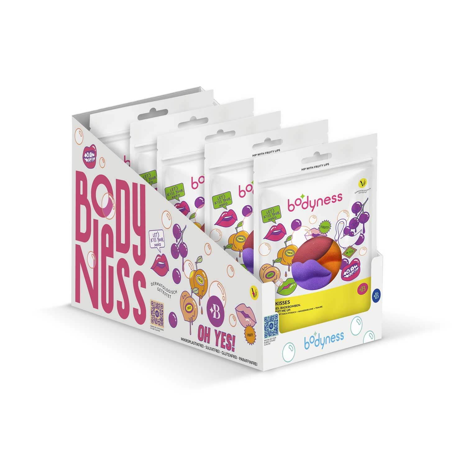 BODYNESS Bade-Kisses XXL Pack - 30 lippenförmige Badebomben, Badekugeln für Hautpflege und Entspannung mit Kakaobutter und Aroma, 30x 40g