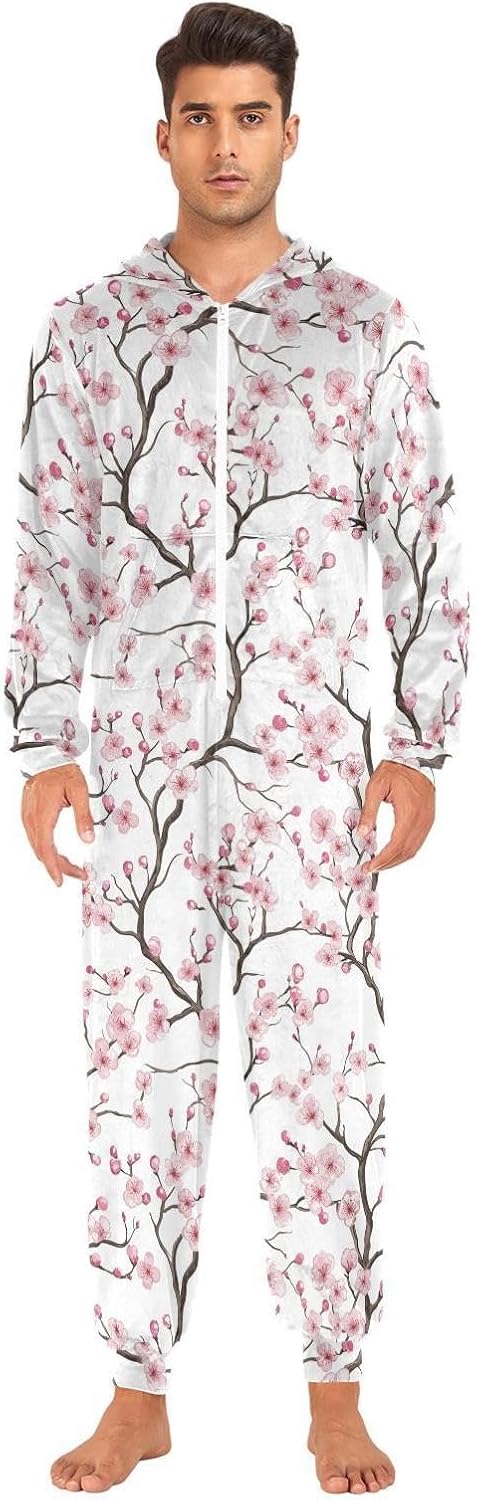ZZKKO Pink Plum Blossom Blooming Adult Onesie Pajamas for Women Men Cozy One Piece Pajamas Costume Zip-Up Hooded S-XL