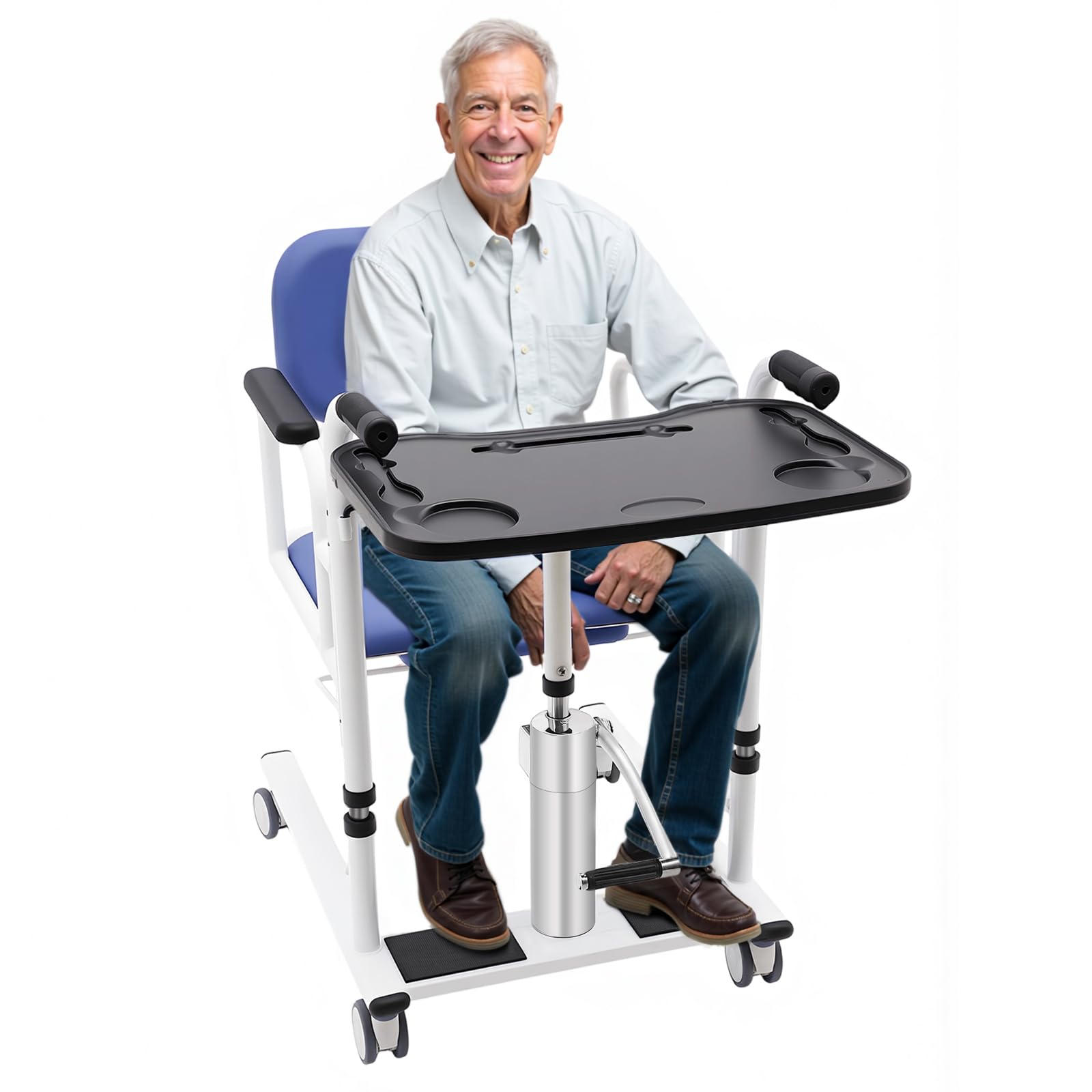 Elevador de pacientes hidráulico para el hogar, 41-65 cm, con frenos y ruedas universales, asiento dividido de 180°, hasta 150 kg, para personas mayores y cuidados en casa