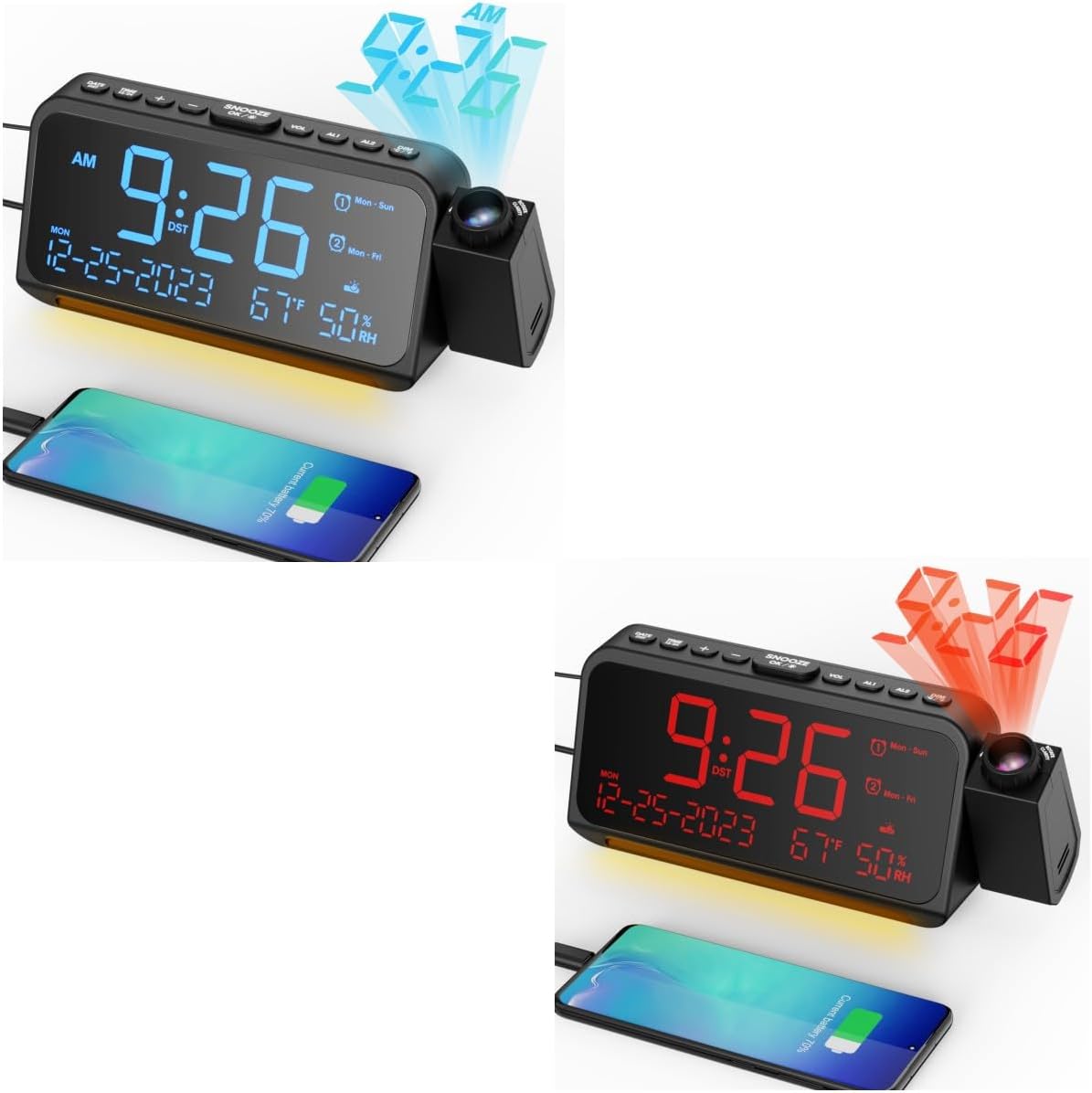 Projection Alarm Clock for Bedroom Ceiling, Digital Clock Projector with Weekday/Weekend Mode, Date, Temperature, Humidity, Type-C USB Charger, Snooze, Dual Alarms, Dimmer,12/24H