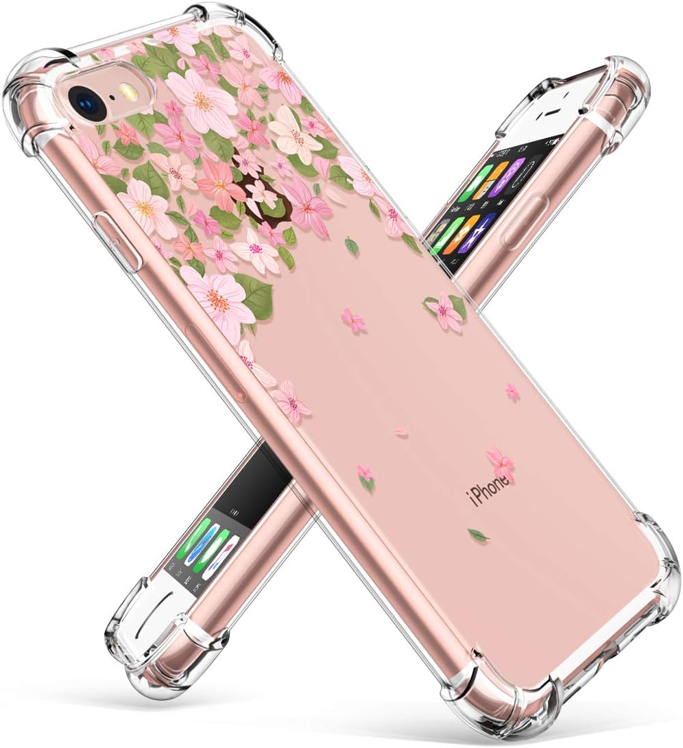 GVIEWIN Clear Flower Designed for iPhone 8 Case/iPhone 7 Case, Soft TPU Silicone Ultra-Thin Slim Fit Transparent Flowers Flexible Cover for iPhone 7, iPhone 8 (Cherry Blossom/Pink)