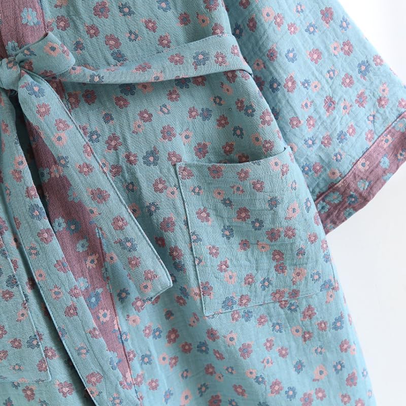 PRINCESS BRIDE Yarn-dyed Cotton Jacquard Elegant Kimono Robe Traditional Loose Yukata Bathrobe Mid-Length Loungewear for Women 165/88A/L(Lake Blue) - Image 6
