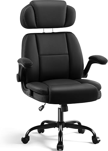 Silla de oficina ergonómica con reposacabezas ajustable, silla de escritorio ejecutiva de piel sintética, reposabrazos abatibles acolchados, soporte