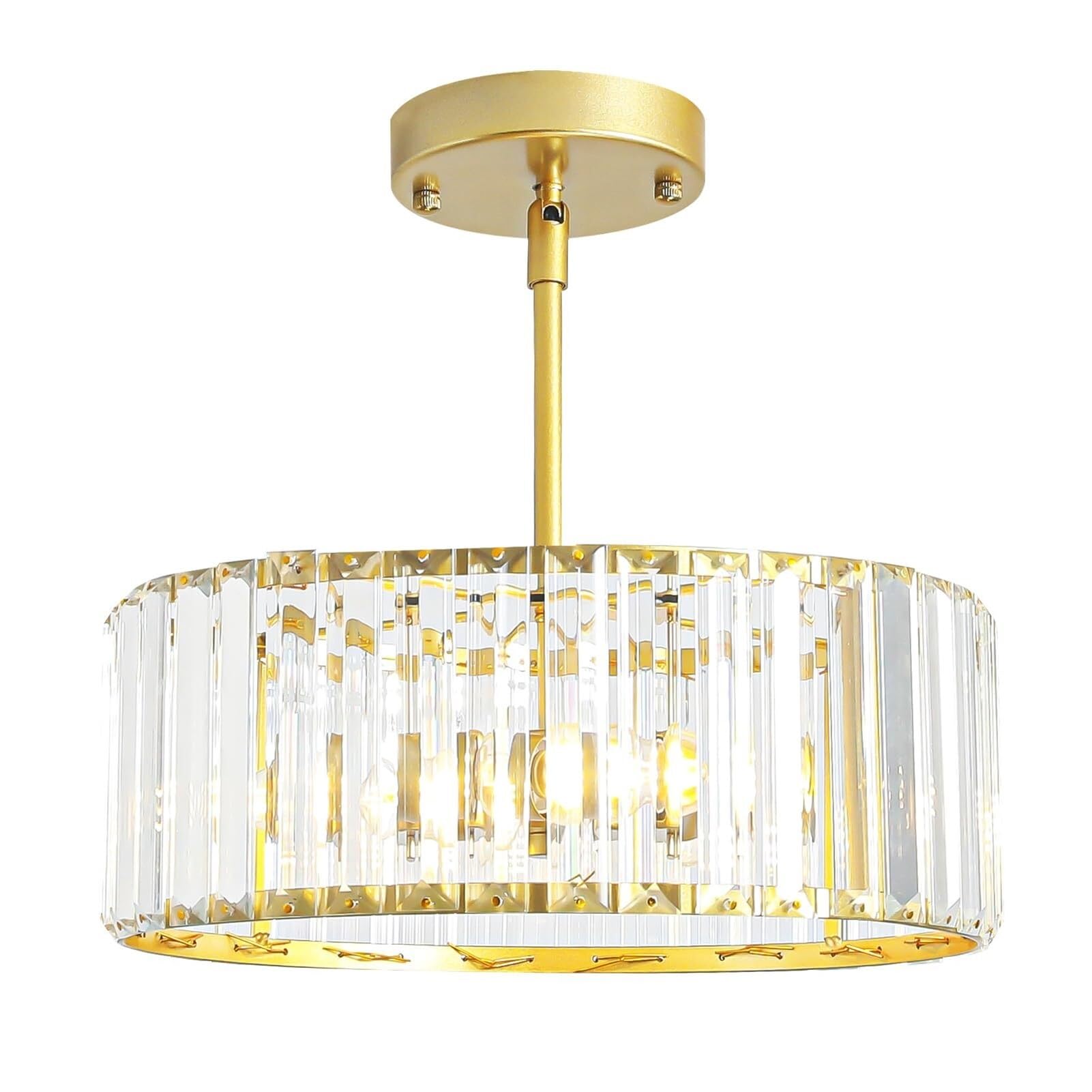 HXYSXHJUO Gold Crystal Semi Flush Pendant Lamp Chandelier Hanging Lighting Ceiling Fixture Three Light Round for Dining Room Kitchen Hallway Entryway Foyer