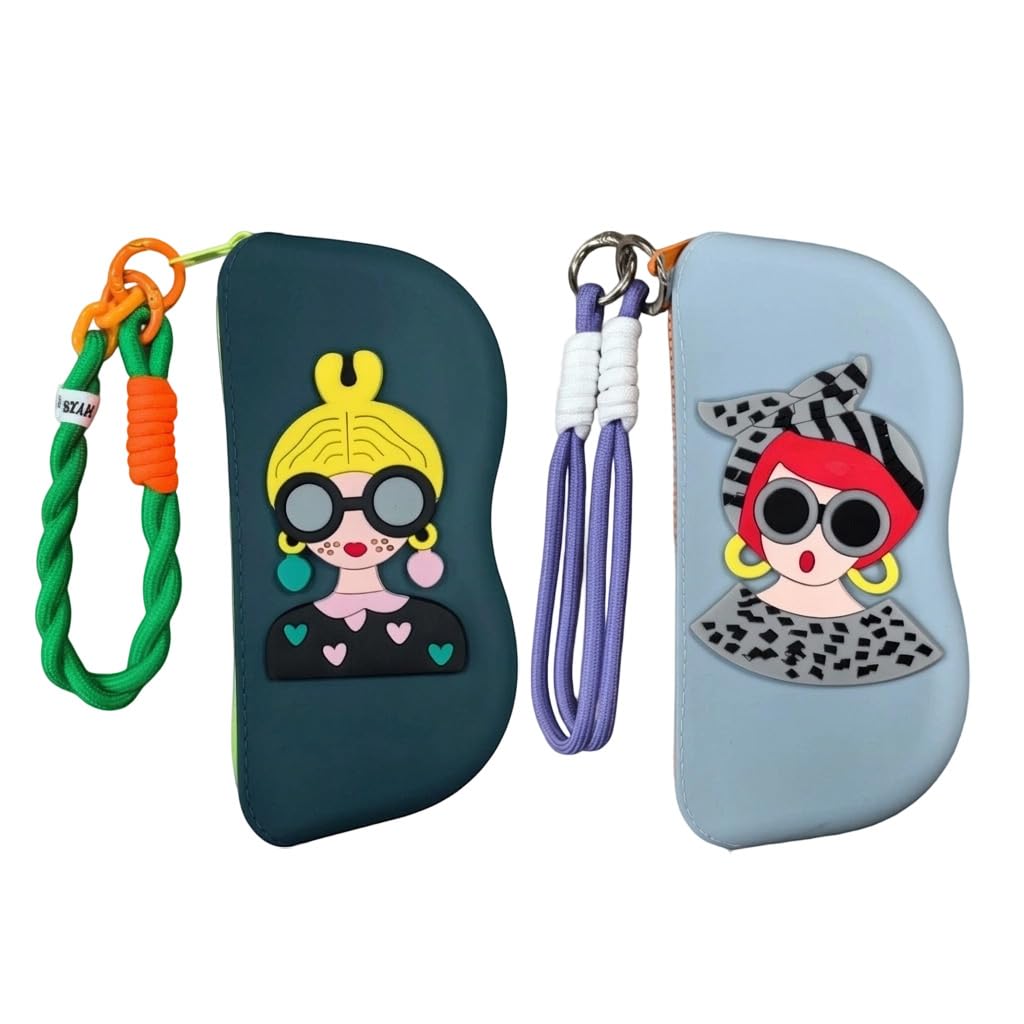 2 Pack Silicone Sunglasses Travel Cases with Wrist Strap, Soft Zipper Eyeglass Storage Pouches for Women Girls, Anti-scratch Glasses Holders for Sunglasses & Reading Glasses, 17x8.5x3.7cm