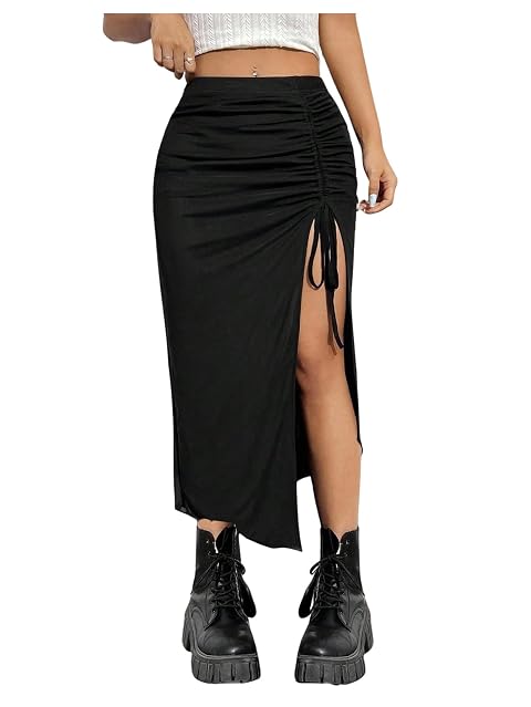 WDIRARA Womens Plus Size Checkered Ruched Midi Skirt High Waist Split Thigh Pencil Skirts