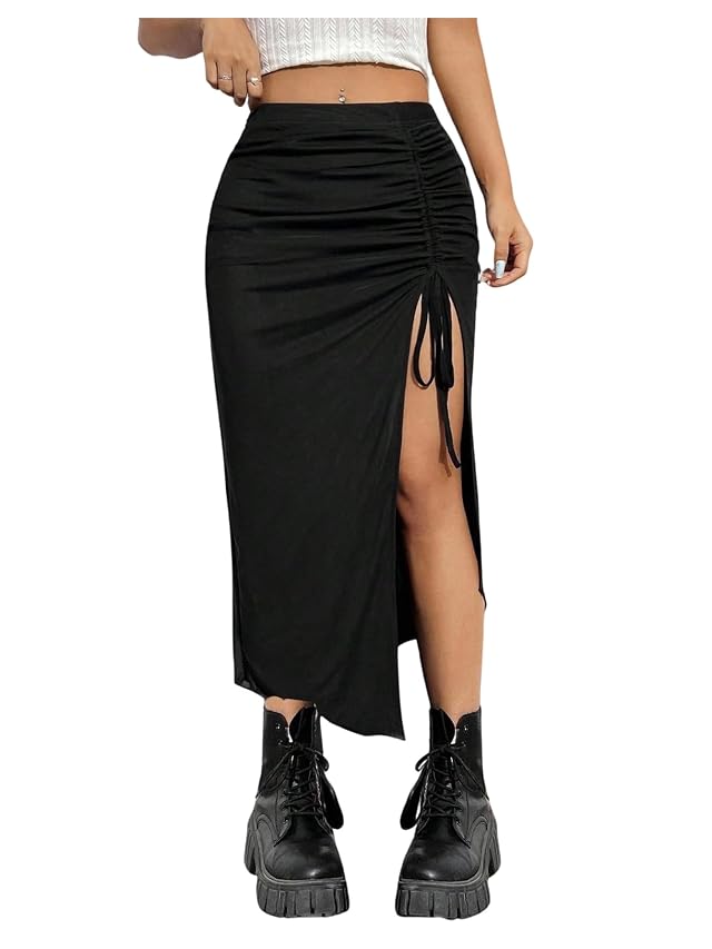 WDIRARA Womens Plus Size Checkered Ruched Midi Skirt High Waist Split Thigh Pencil Skirts